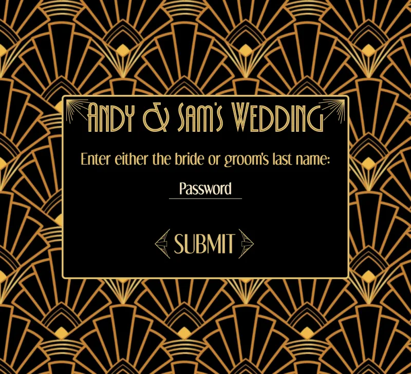 The wedding site's art-deco login gate