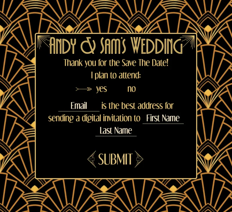 The save-the-date form — picking yes reveals the guest fields