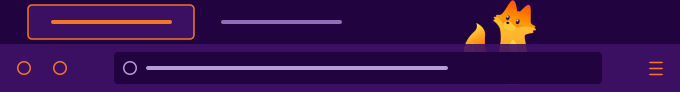 The Kit Mascot Firefox theme applied to the browser toolbar: deep aubergine chrome, vivid orange accents, a lavender tab strip, and the little fox mascot at the right.