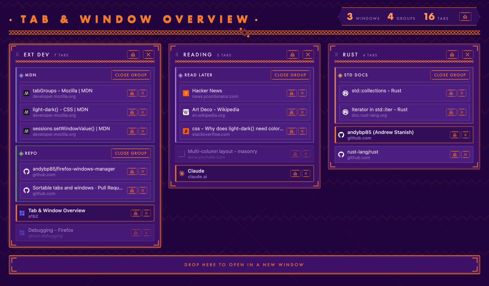 The overview: three Firefox windows laid out side by side, each showing its tab groups and tabs as tiles, above a header counting 3 windows, 4 groups, 16 tabs.