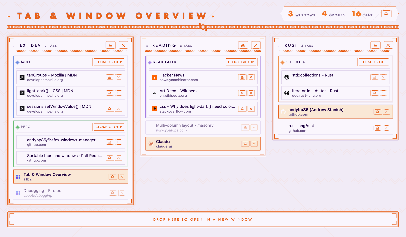 The same three-window overview rendered in light mode: a pale lavender ground with the same orange Art-Deco ornament and purple-keyed tab groups.