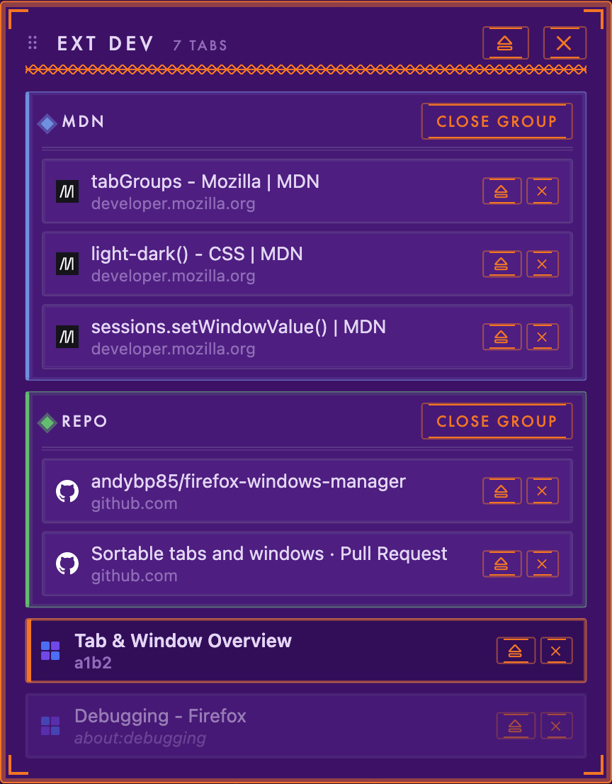 Close-up of one window panel: a blue 'MDN' tab group and a green 'Repo' group, each tab a favicon-title-host tile with unload and close buttons. The active tab has an orange keyline; a discarded tab is dimmed with an italic host.